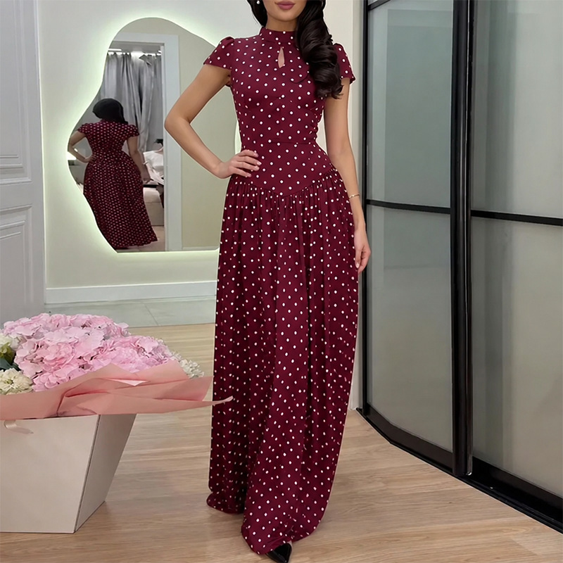 Elegant Polka Dot Long Dress with Waist-Cinching A-Line Silhouette