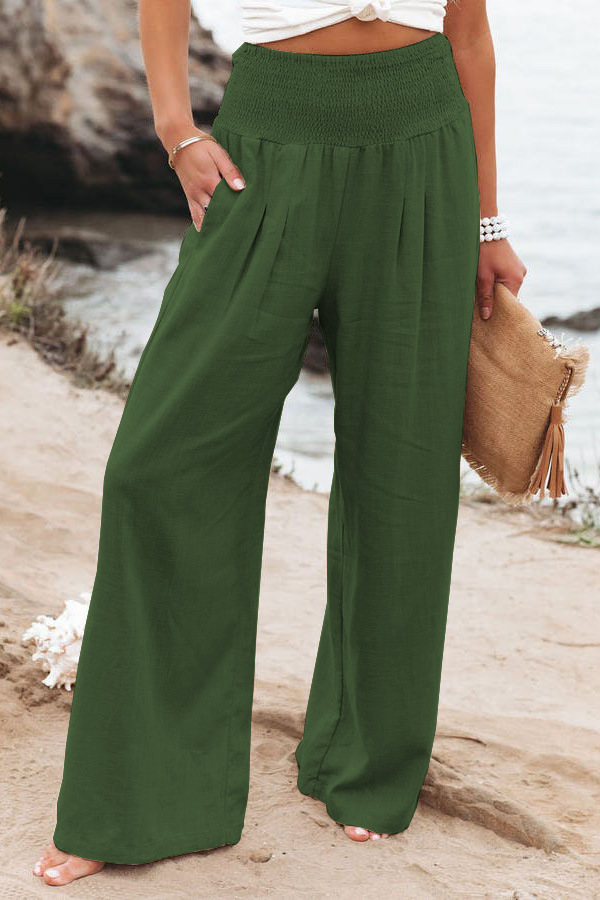 Cotton-Linen Wide-Leg Pants with Elastic High Waist