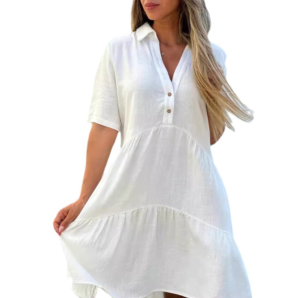 Women's Loose Solid Color Collared Short Sleeve Cotton Dress