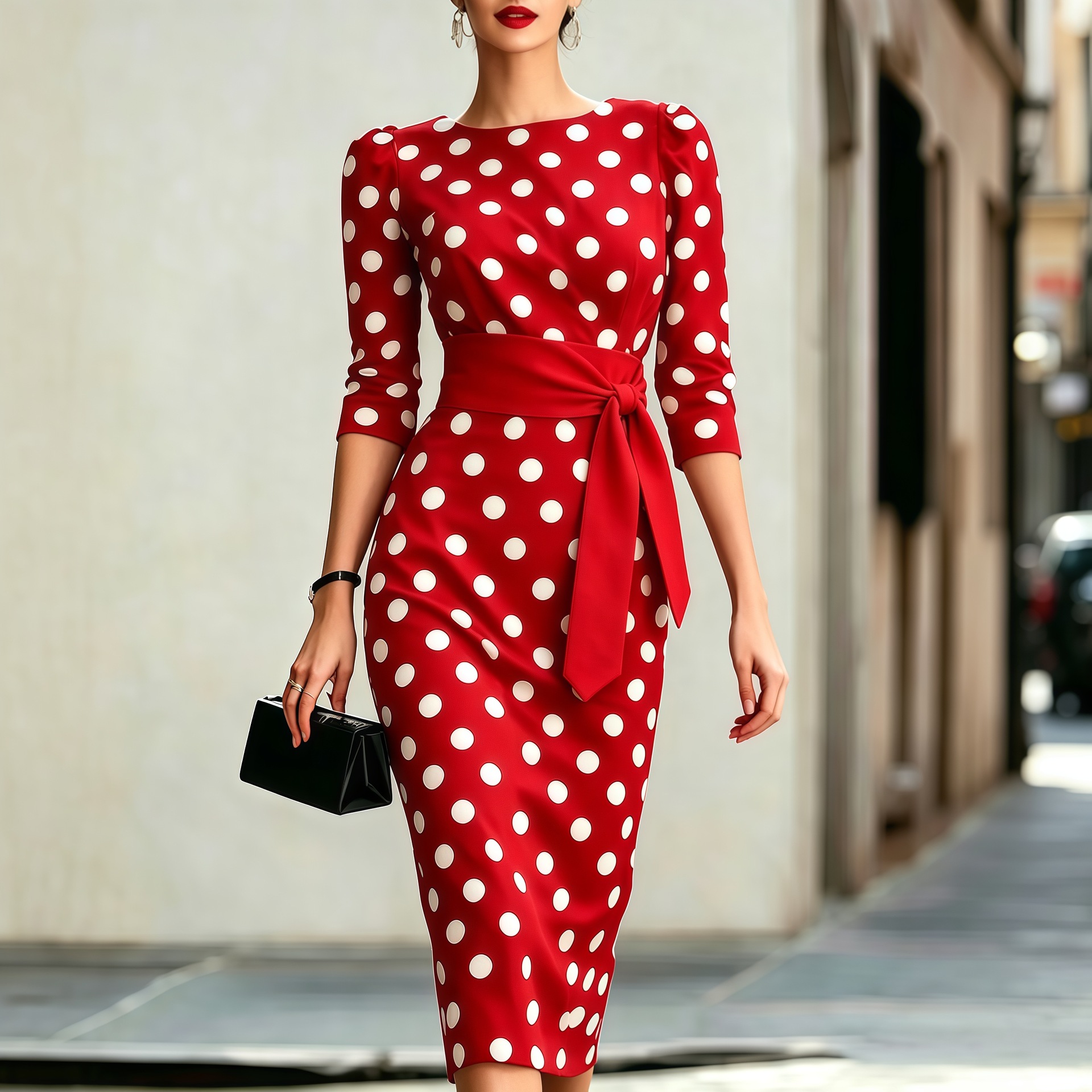 Elegant Polka Dot A-Line Midi Dress with Three-Quarter Sleeves