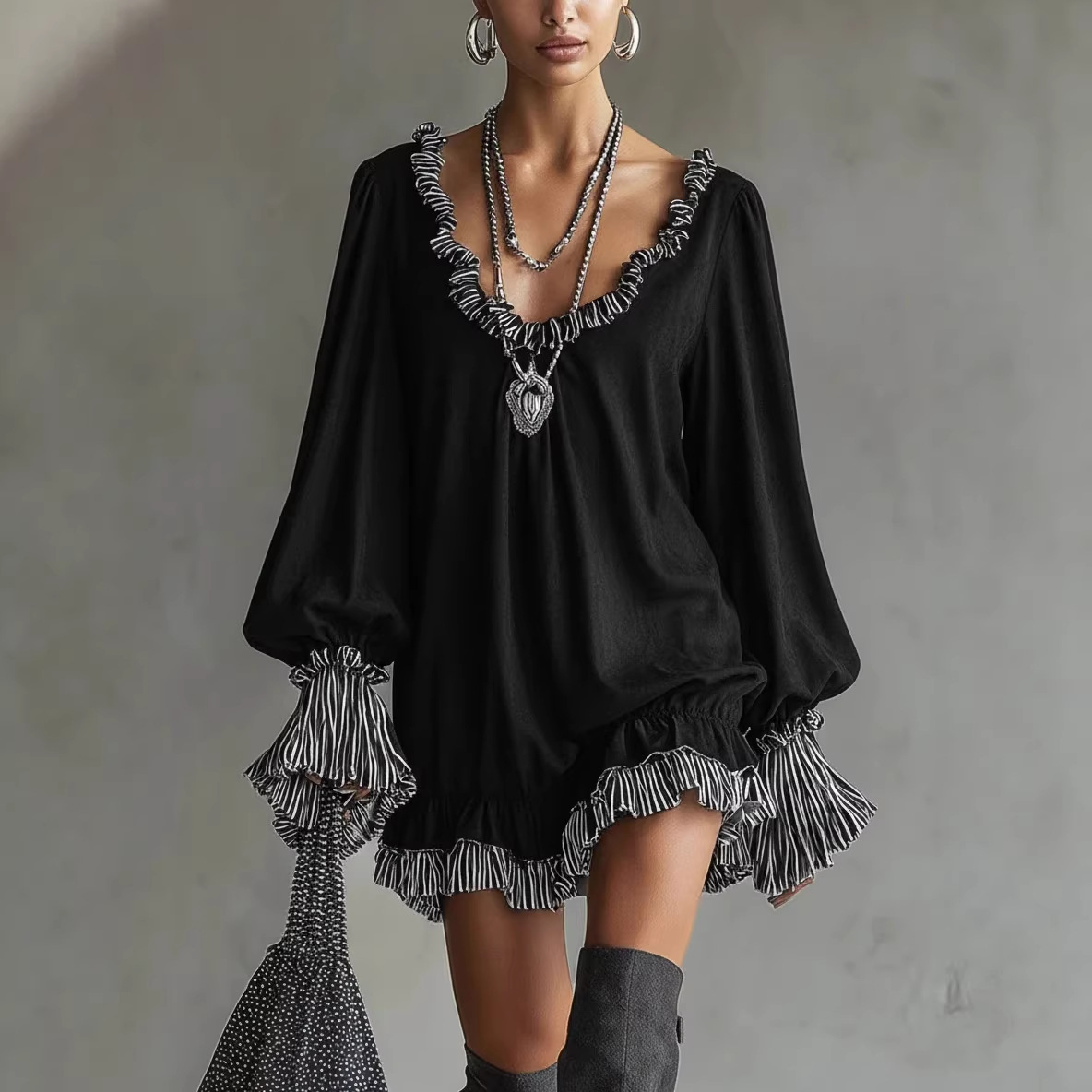 Black Ruffle-Trim Princess Dress Slimming Short A-Line