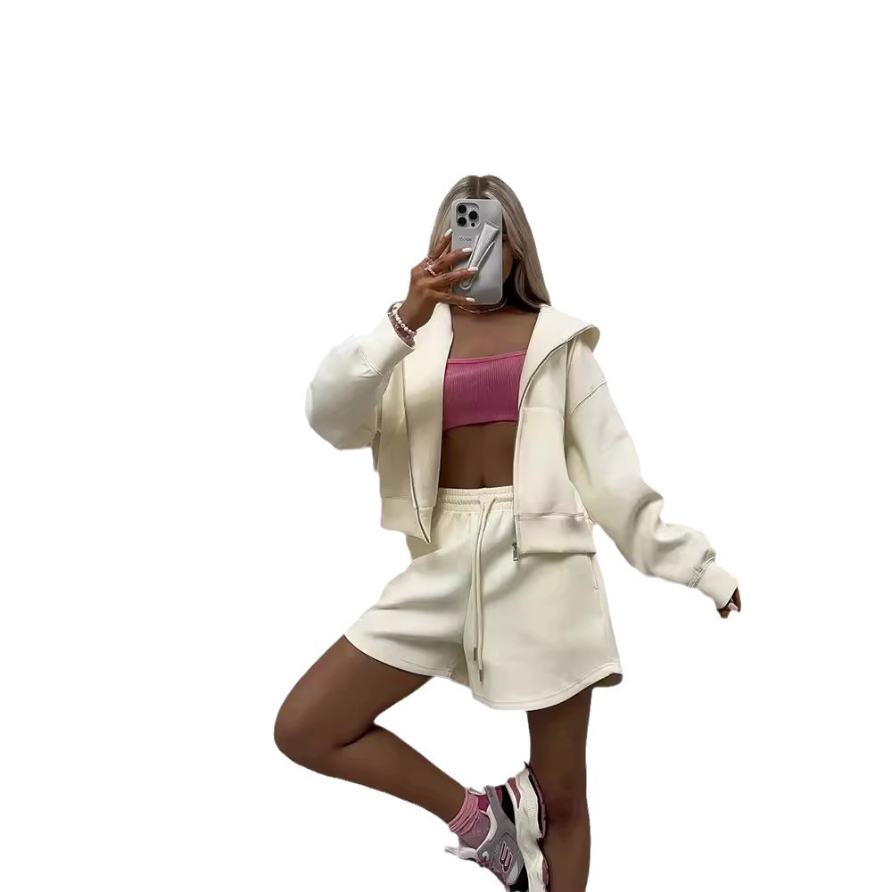Women's Hooded Sweatshirt and Shorts Two-Piece Set with Large Pockets