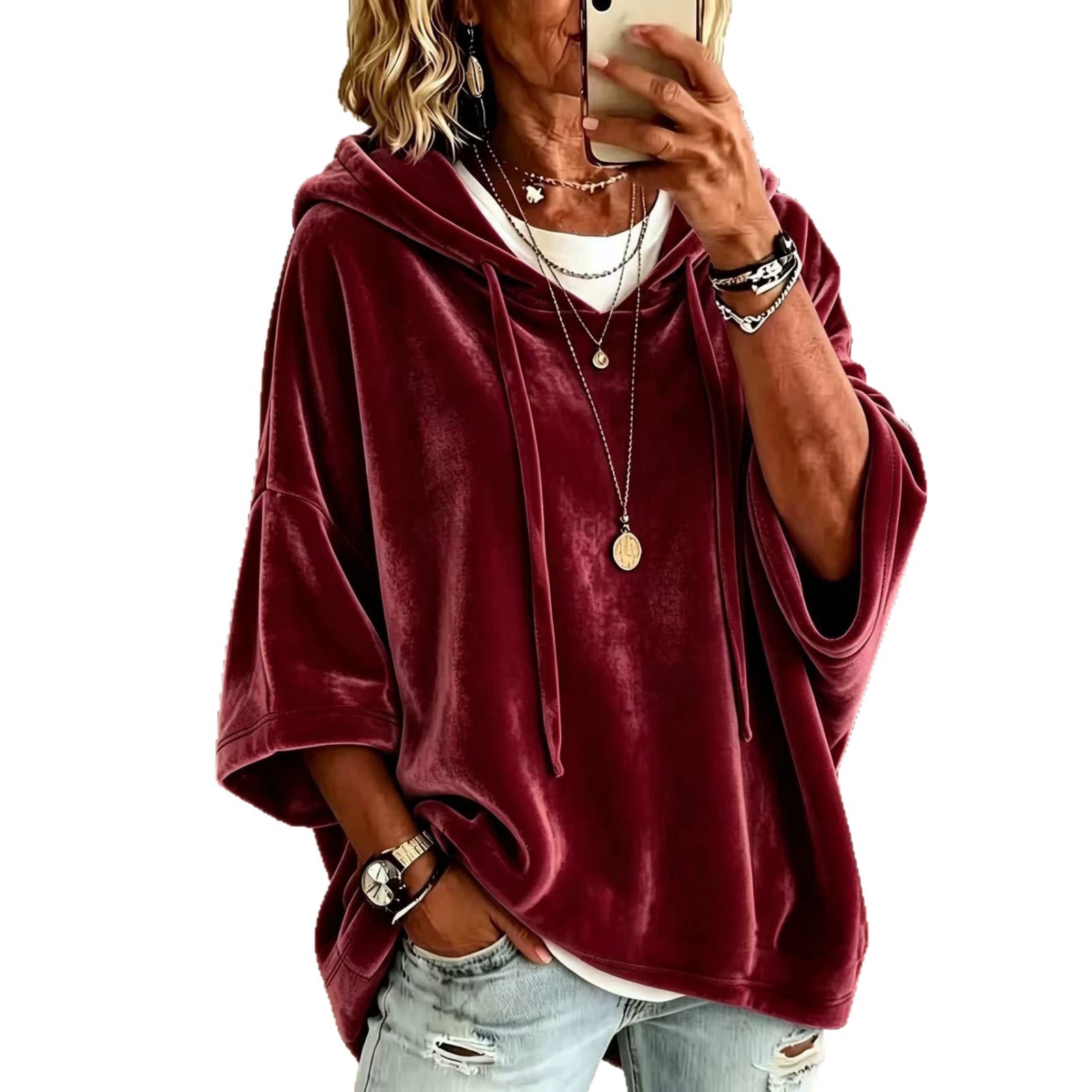 Women's Solid Velvet Hooded Sweatshirt Pullover