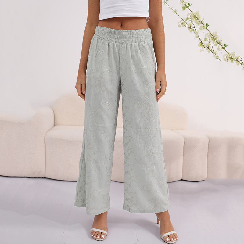 Women's Cotton-Linen Embroidered Wide-Leg Pants with Elastic Waist