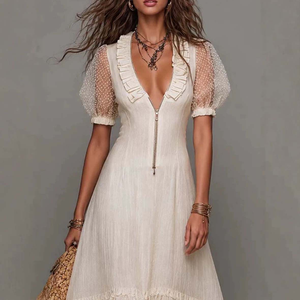 Women's V-Neck Ruffle Loose Vacation Dress