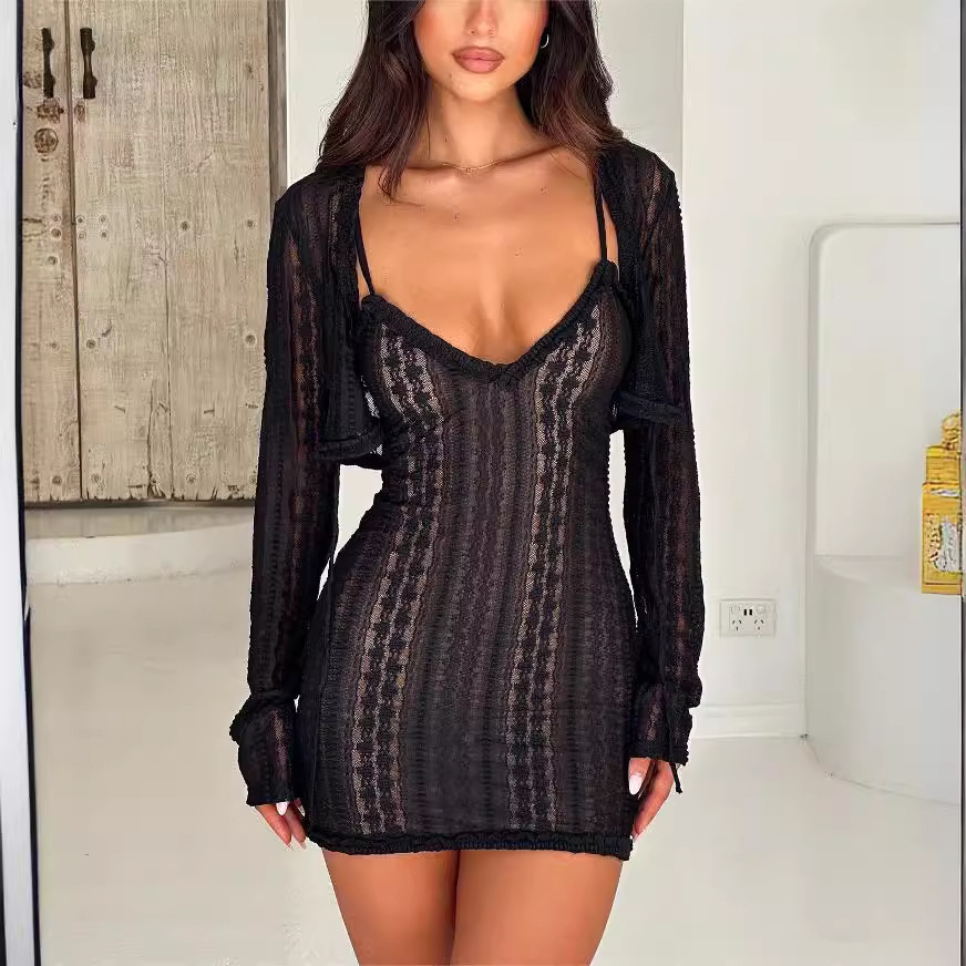 Women's Long Sleeve Sun Protection Cardigan & V-Neck Slit Dress Set