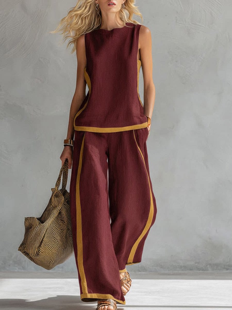 Women's Sleeveless Color-Block Wide-Leg Pant Set Casual Two-Piece