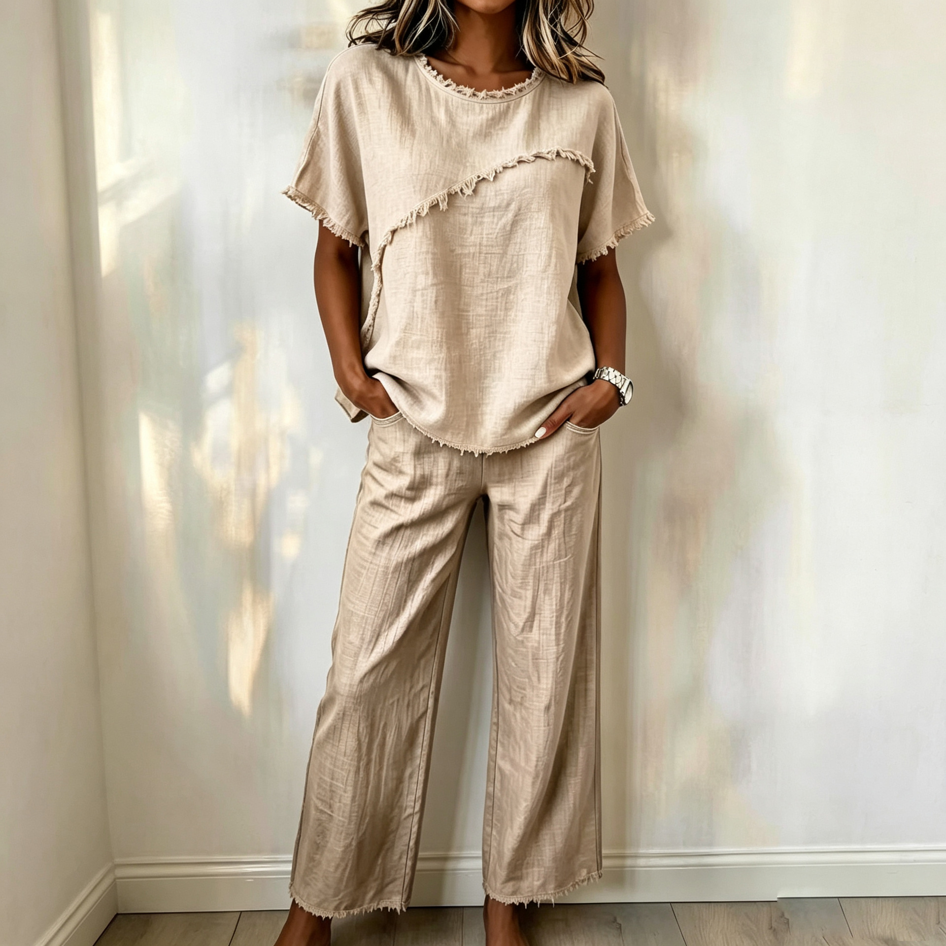 Women's Linen Two-Piece Set with Fringe Short Sleeve Top and Pants