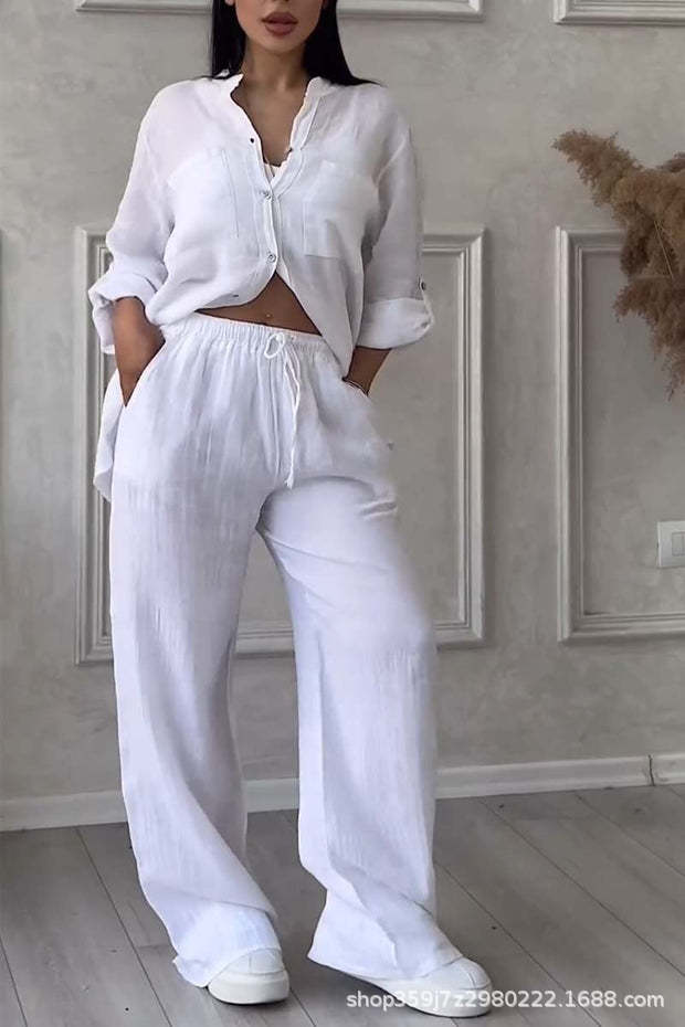 Cotton-Linen Solid Shirt & Drawstring Wide-Leg Pants Set