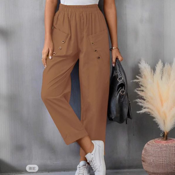 Women's Cotton-Linen Harem Pants Solid Color Elastic Waist Pockets