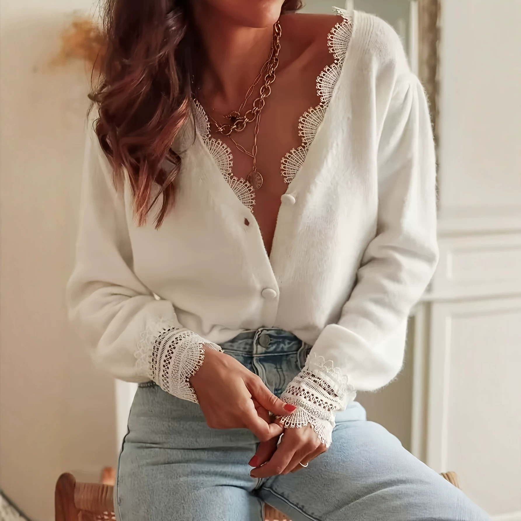 Women's Knit Long Sleeve Cardigan V-Neck Solid Color Soft Comfortable