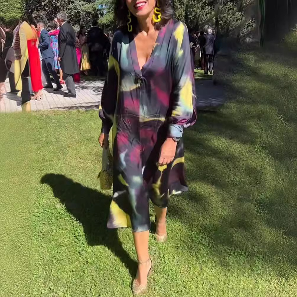 Women's Color-Block Print Deep V-Neck Long Sleeve Maxi Dress