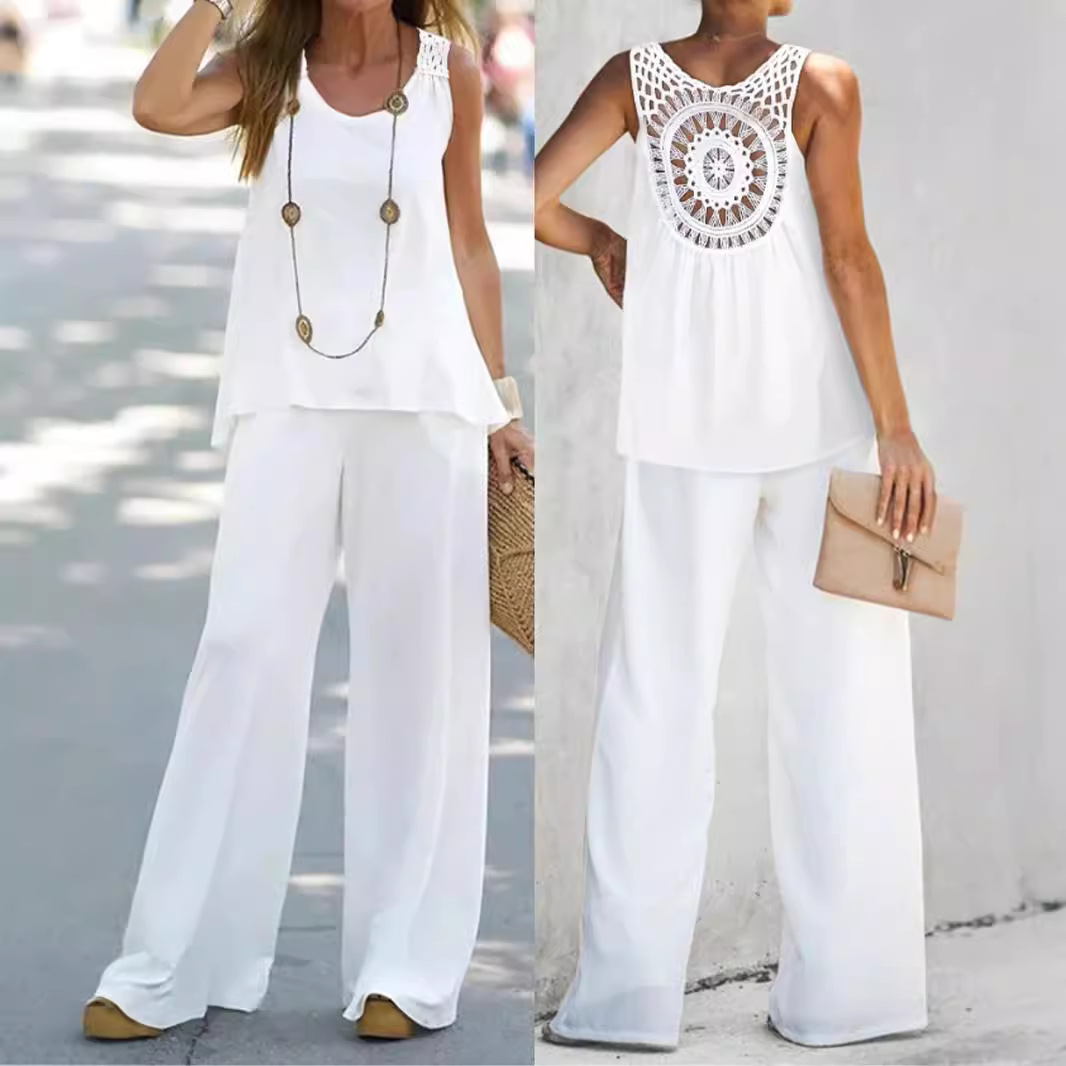 Women's Solid Color Back Cutout Lace Trim Sleeveless Top Set