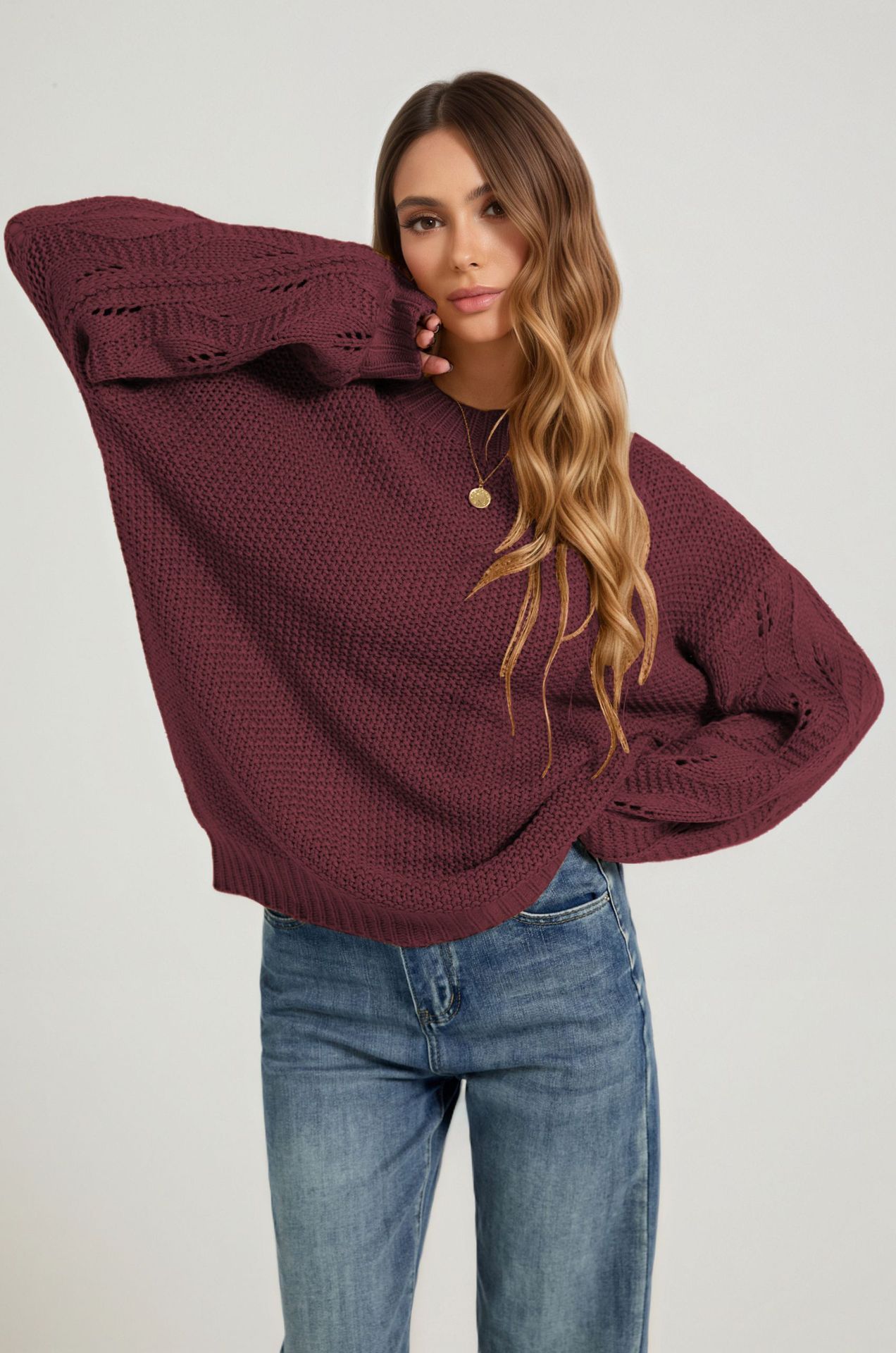 Women's Solid Color Crewneck Knit Pullover Sweater