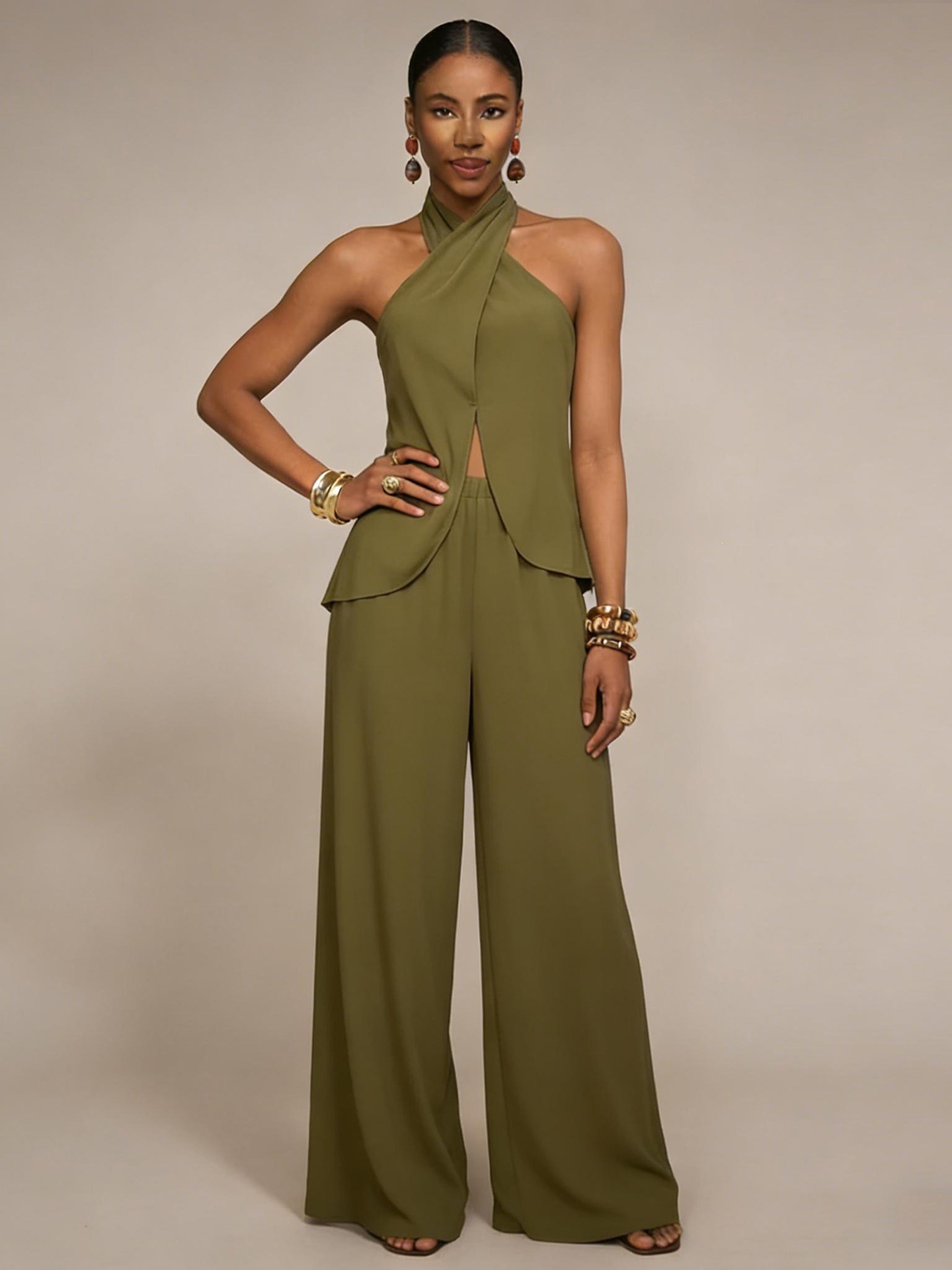 French Khaki Sleeveless Vest and Pants Casual Set