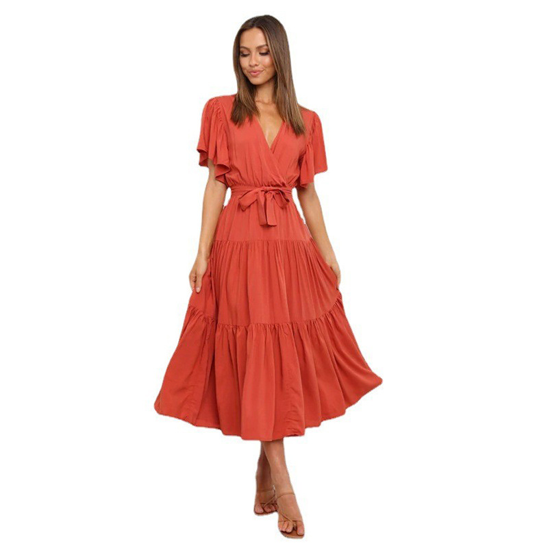 V-Neck Printed Short Sleeve High Waist A-Line Maxi Dress