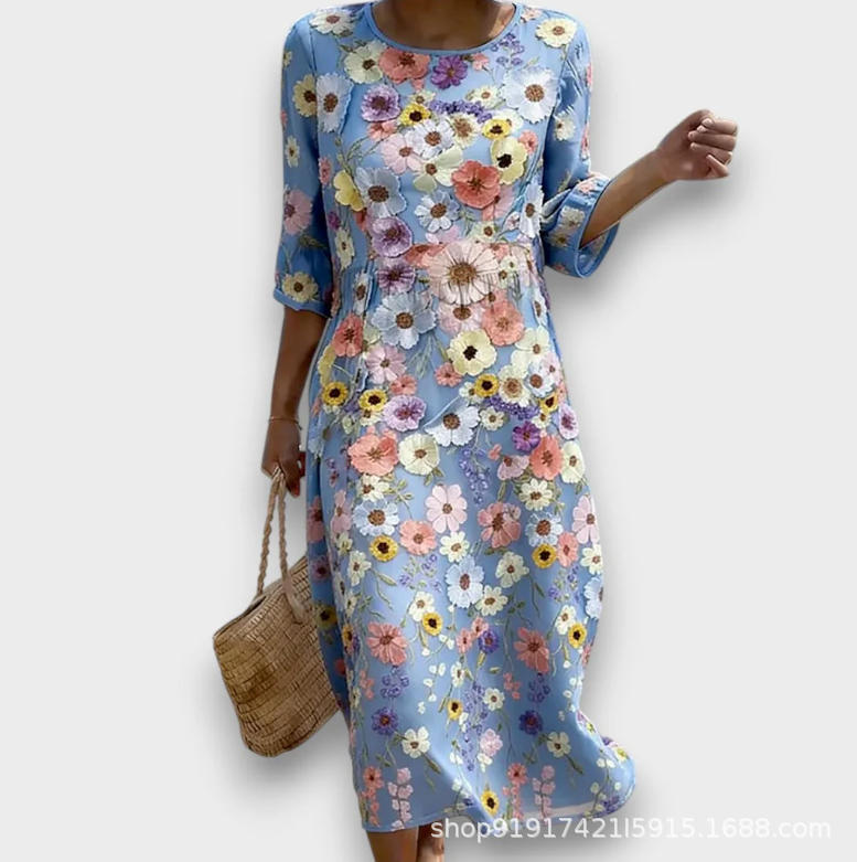 Women's Floral Print Ruched Midi Dress with Half Sleeves