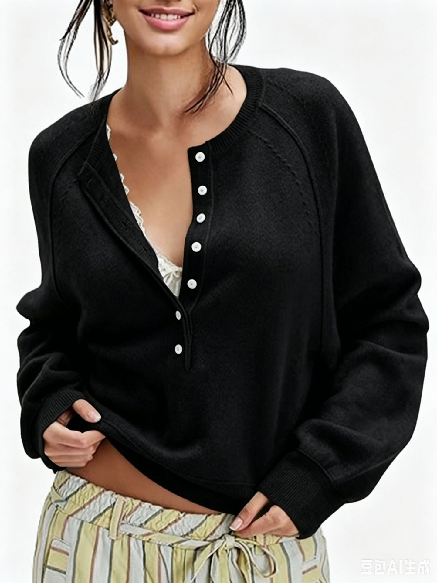 Women's Button-Front Half-Open Neck Sweater Loose Knit Top