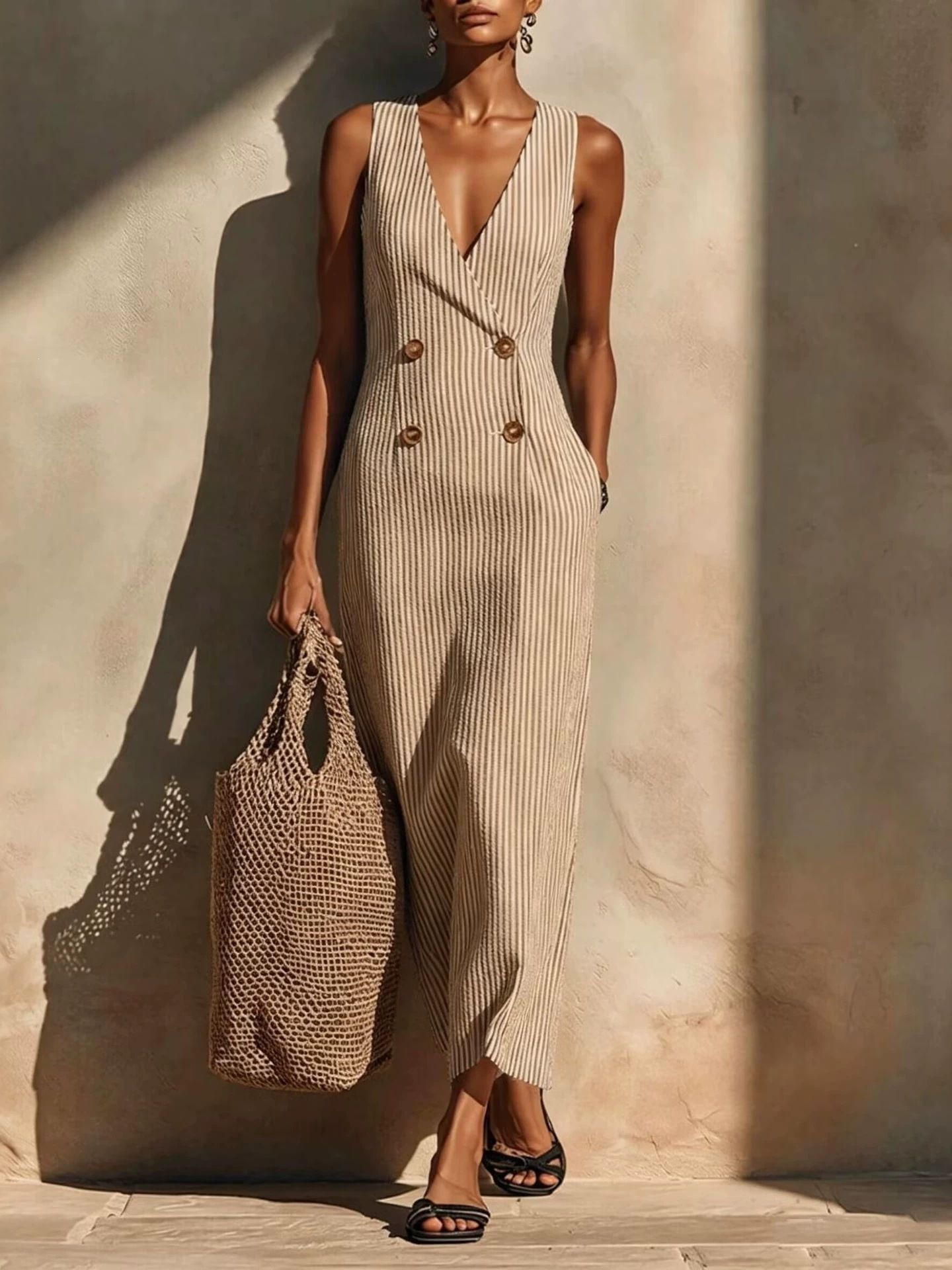 Elegant Striped Button-Front Midi Dress Sleeveless V-Neck A-Line
