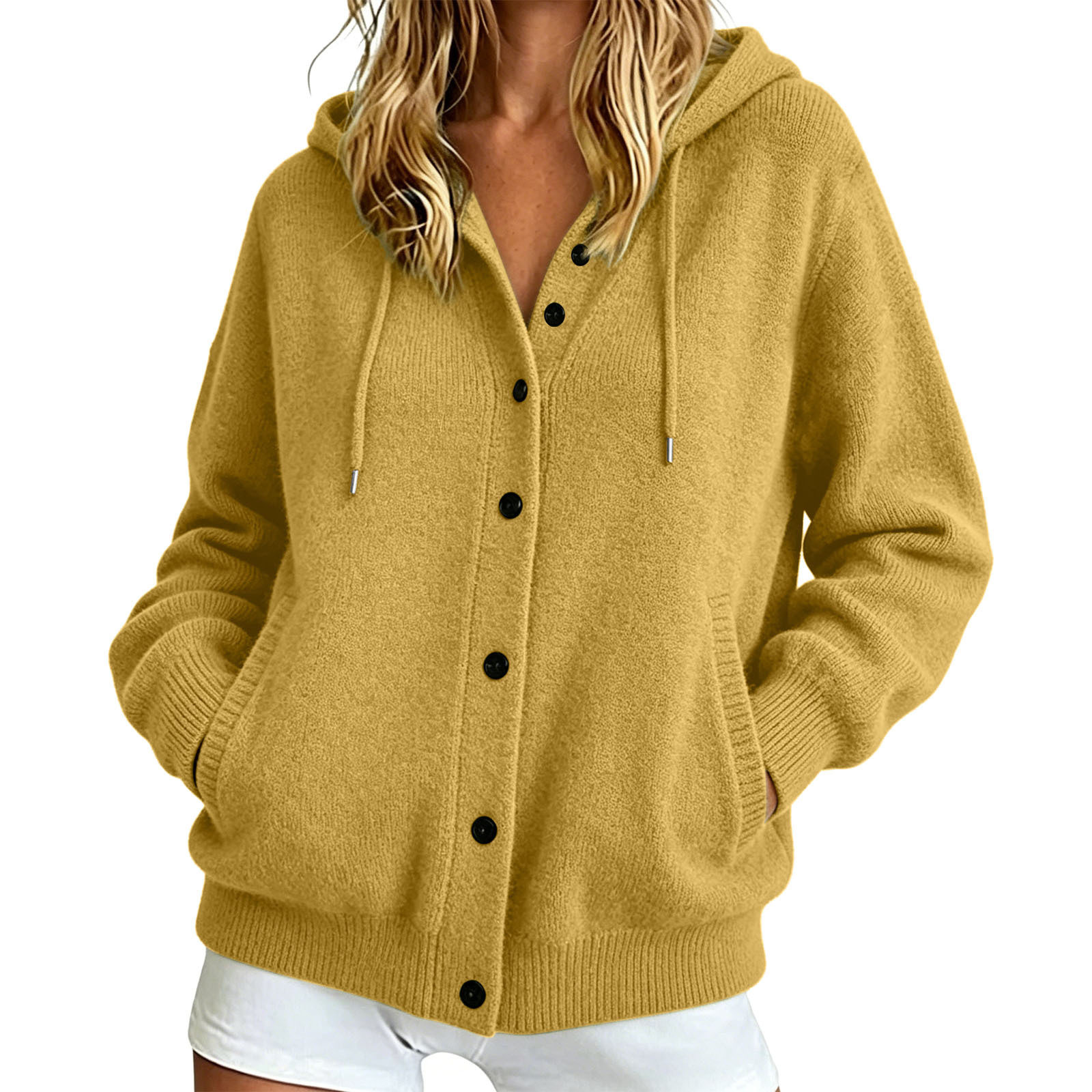 Button-Up Hooded Knit Cardigan Sweater, Solid Color Casual
