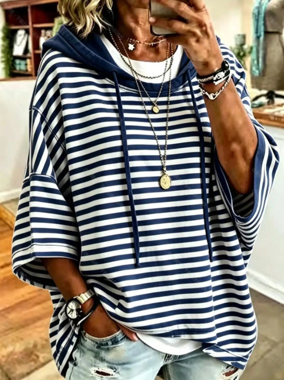 Women's Striped Hooded Pullover Sweatshirt with 3/4 Sleeves