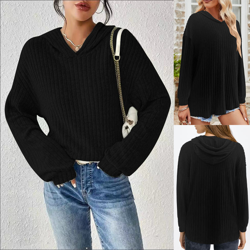 Women's Loose Solid Color Long Sleeve Ribbed Hooded Sweatshirt