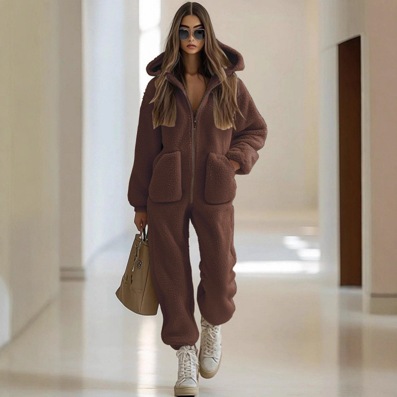 Women's Hooded Fleece Jumpsuit with Pockets Straight Leg Loose Fit