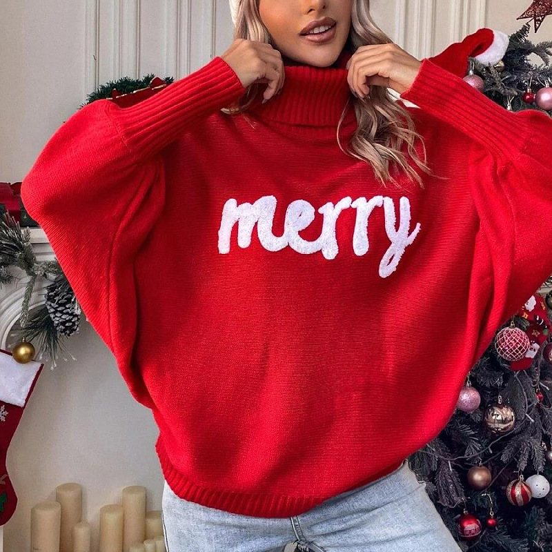 Women's Christmas Turtleneck Sweater with Batwing Sleeves