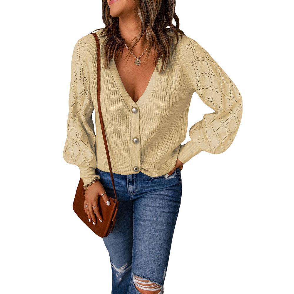 Women's Solid Quilted Puff Sleeve Knit Cardigan Loose Single-Breasted Open-Front Sweater