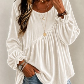 Women's Solid Velvet Round Neck Long Sleeve Loose Irregular Pleated Top