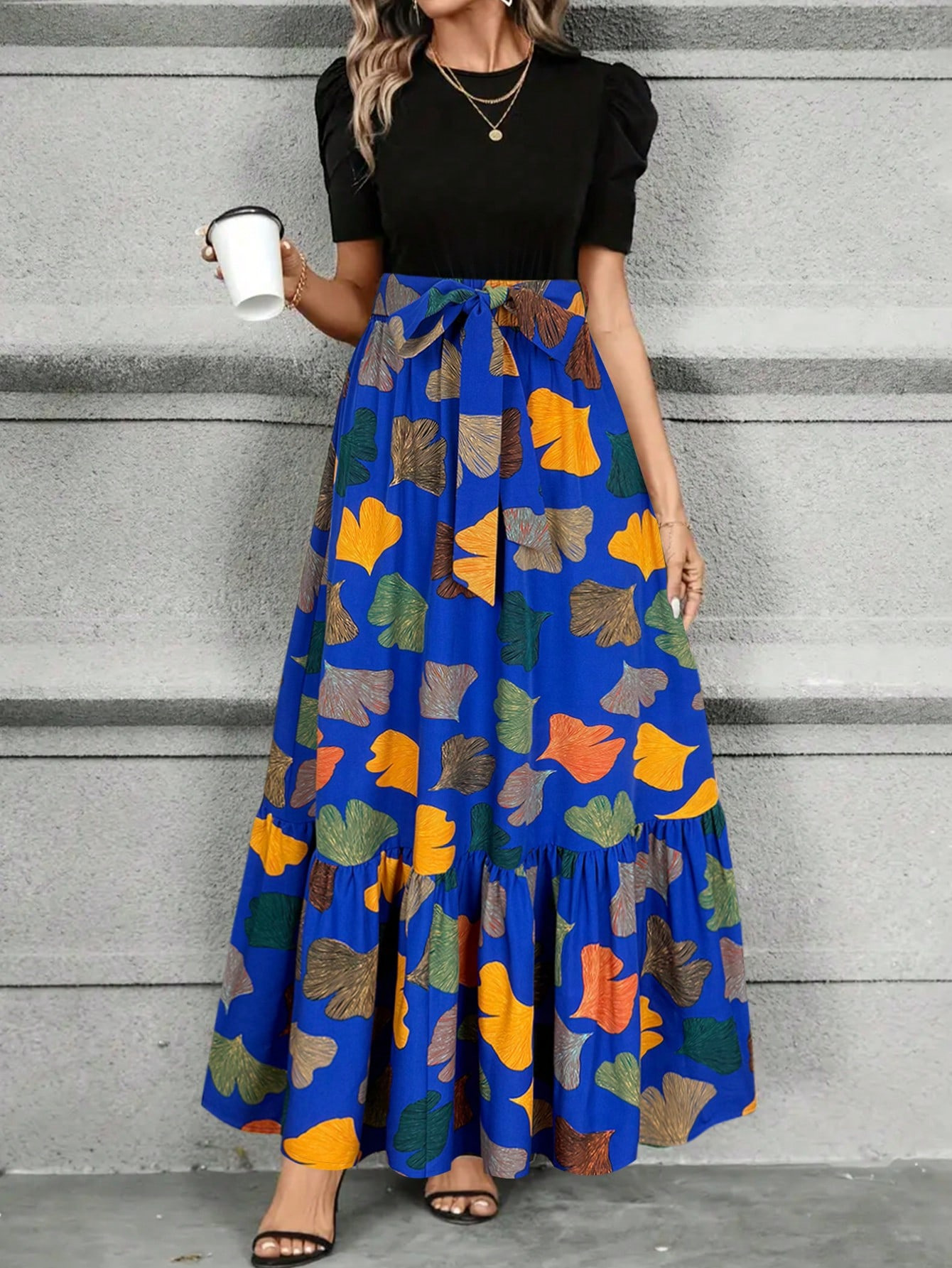 Floral Print Round Neck Short Sleeve A-Line Maxi Dress