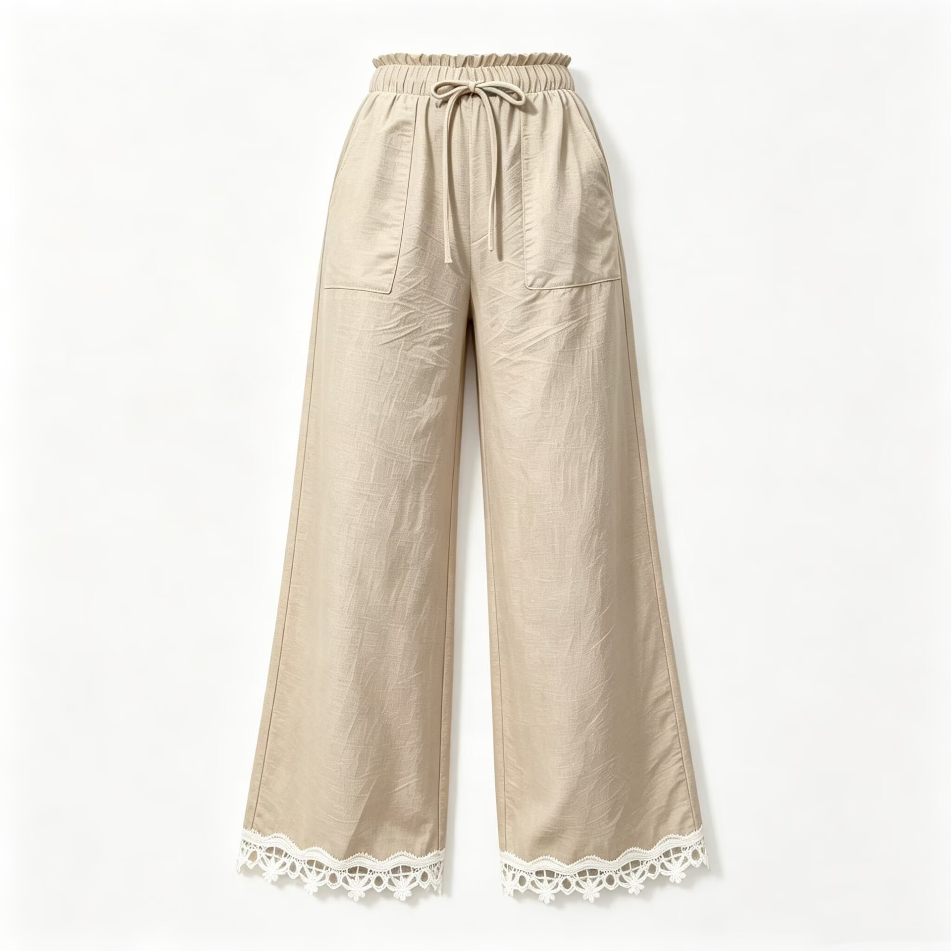Women's Lace Trim Wide Leg Pants Casual Loose Straight Trousers