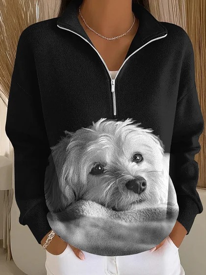 Cat & Moon Print Half-Zip Hoodie for Women