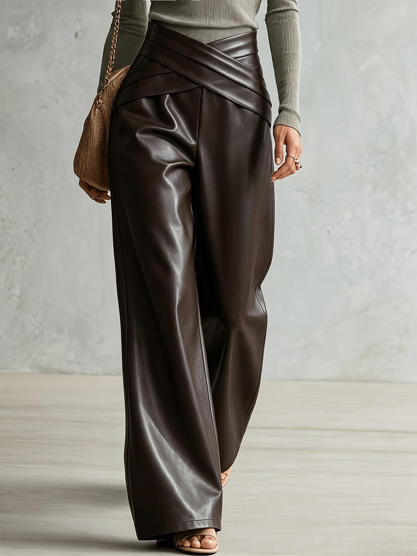 Cross-Wrap High-Waist Faux Leather Wide-Leg Palazzo Pants