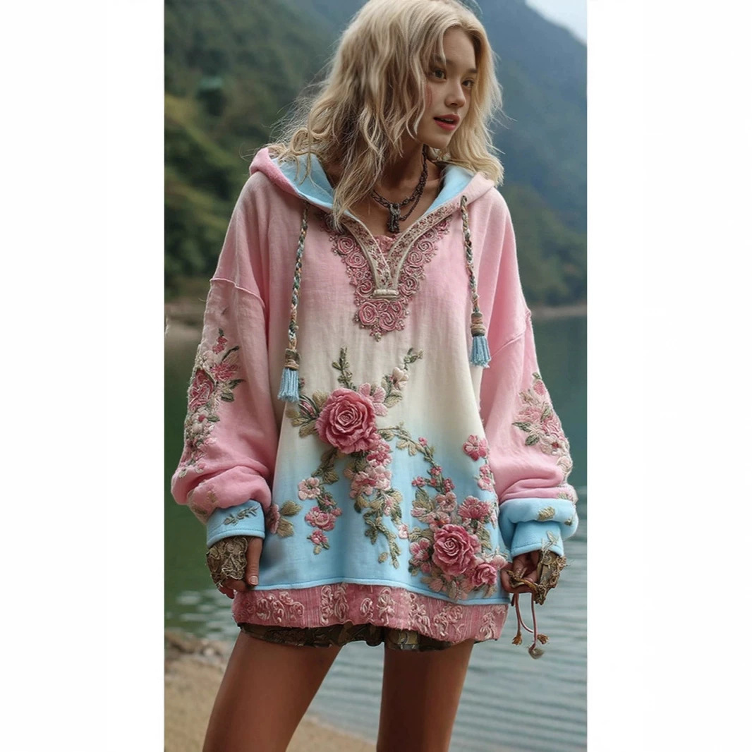 Japanese Cherry Blossom Print Loose Crewneck Sweatshirt