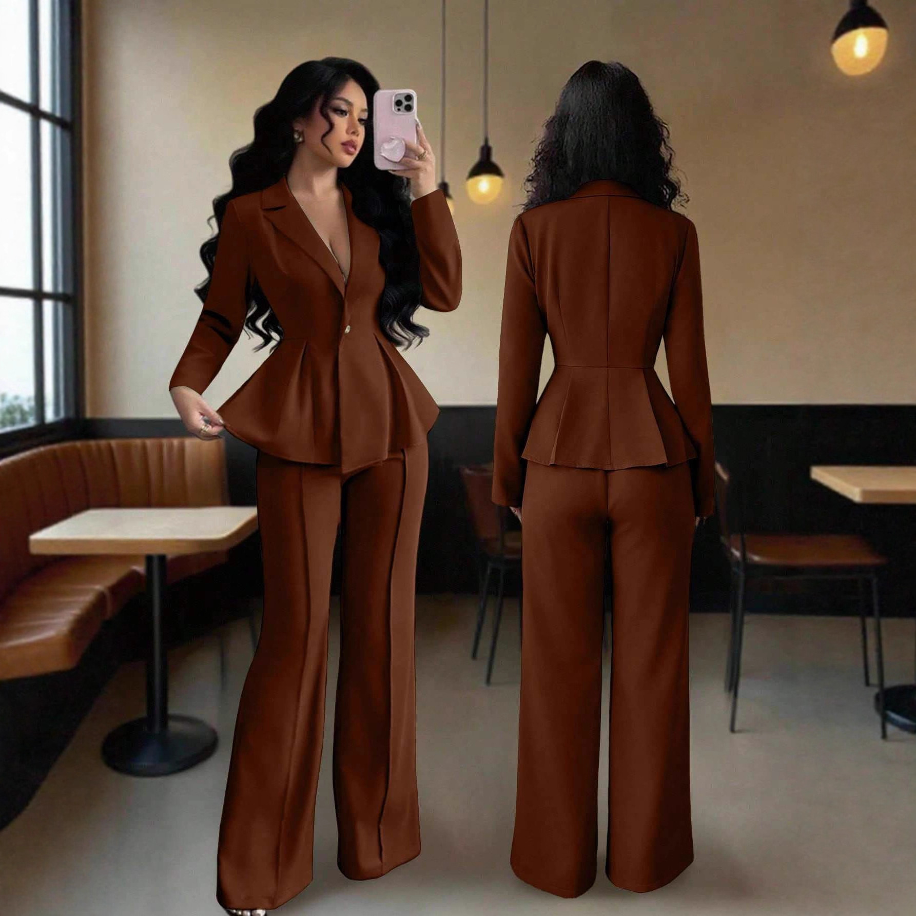 Women's Elegant Flared Pants Suit Set with Cinched Waist