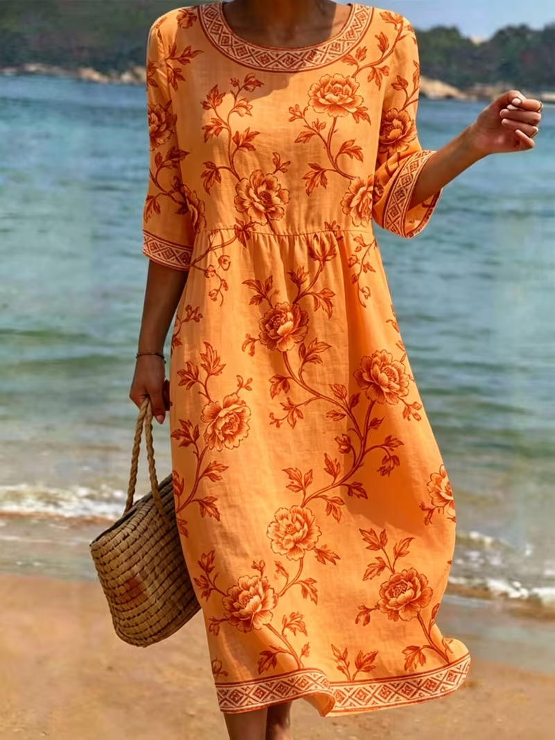 Women's Floral Print Midi Dress Crew Neck Half Sleeve Slim Fit Casual