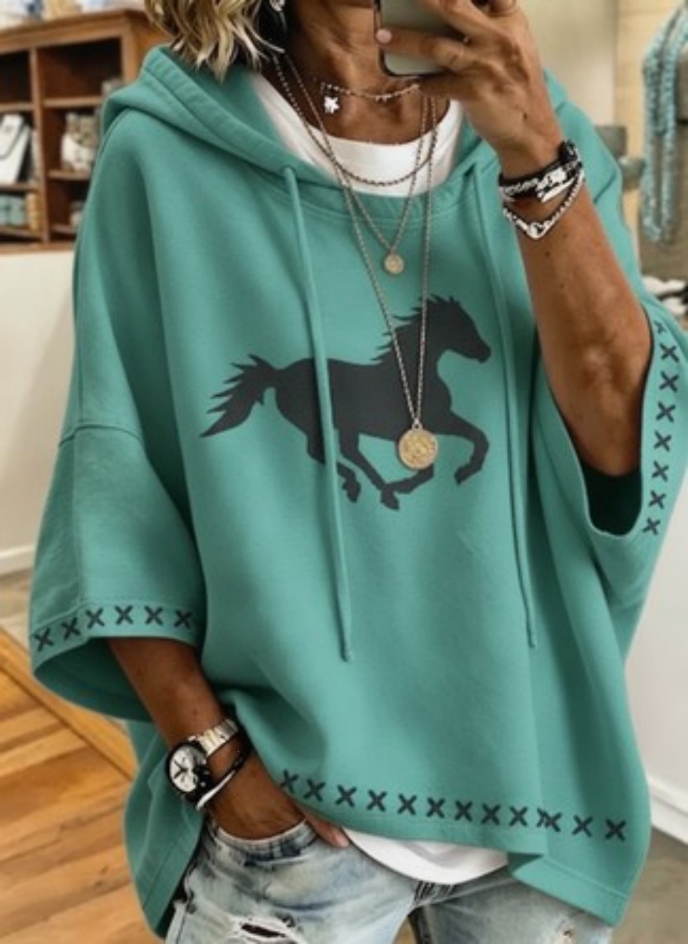Women's Vintage Black Horse Print Drawstring Hoodie 3/4 Sleeve Loose Drop Shoulder Western Sweatshirt Camel