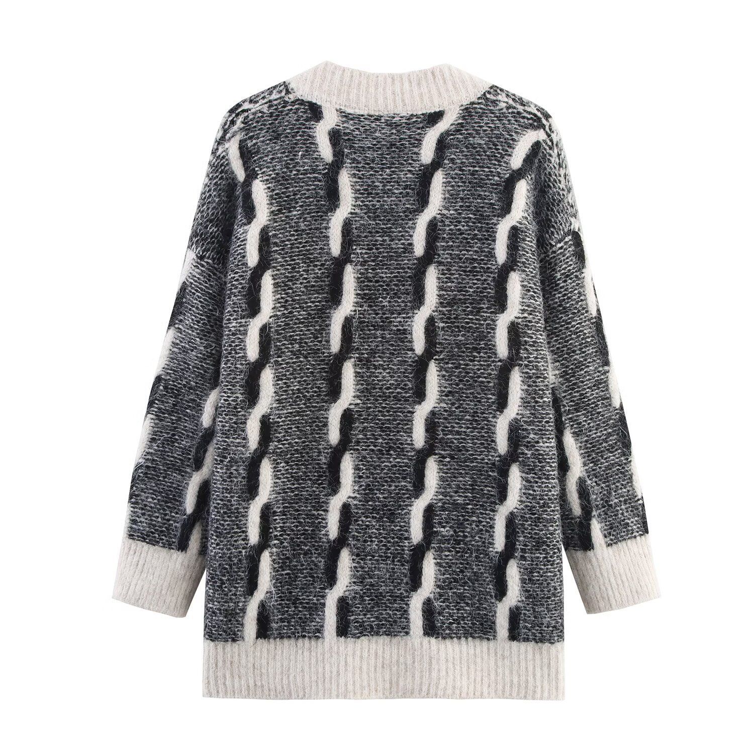 Color-Block Cable-Knit V-Neck Loose Cardigan Sweater