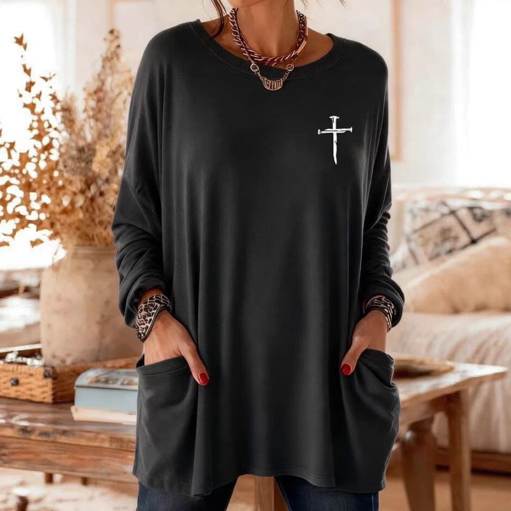 Women's Cross Print A-Line Midi Dress Long Sleeve Crew Neck Casual