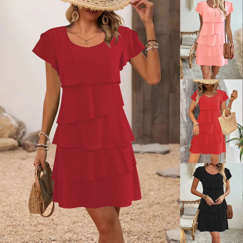Women's Tiered Cake Dress with Ruffle Sleeves Round Neck Loose Fit