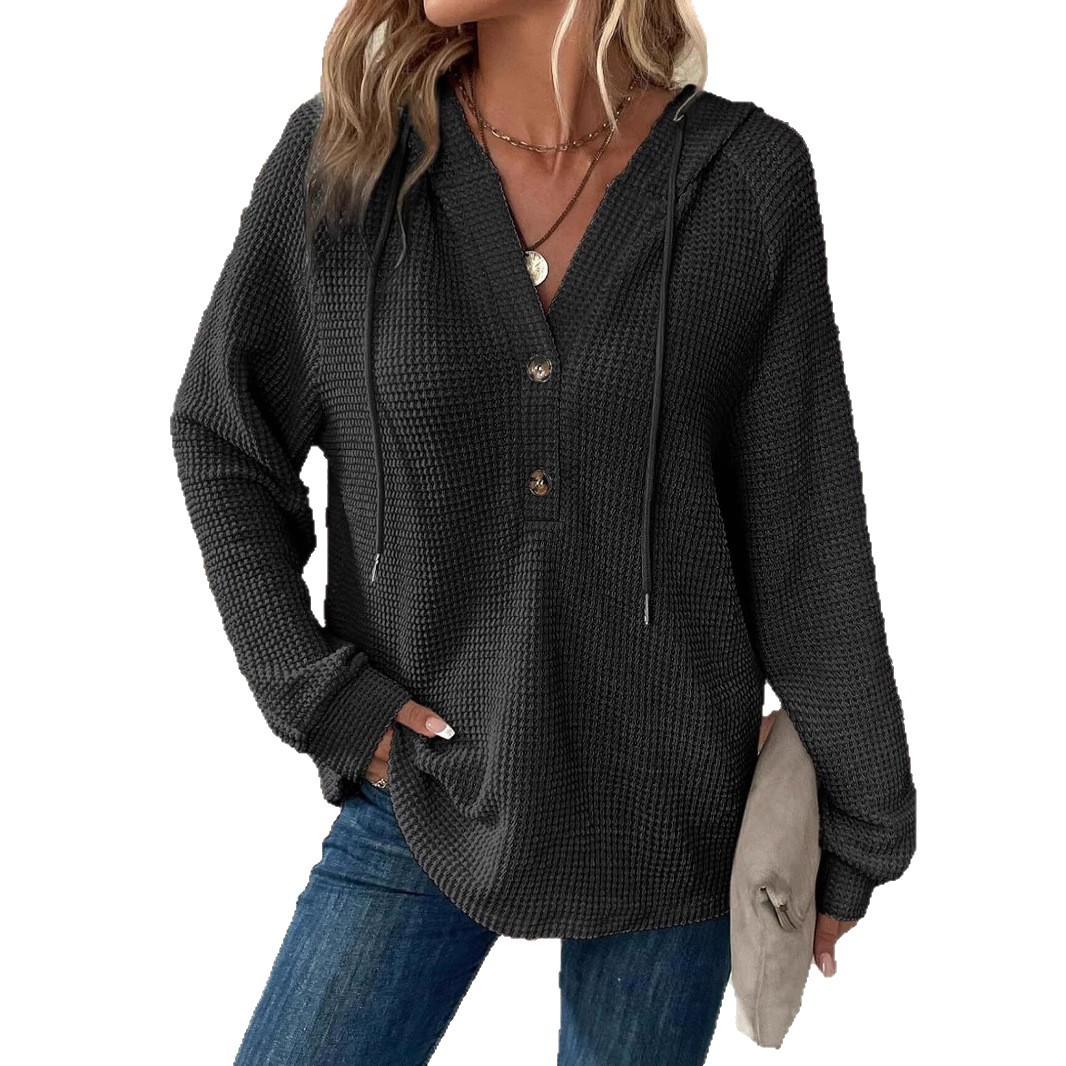 Women's Waffle Knit Drawstring Hoodie Button V-Neck Long Sleeve Pullover