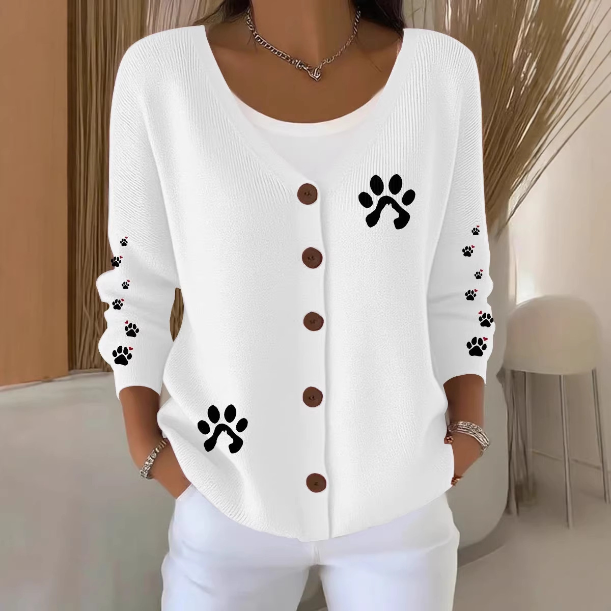 Women's Pet Print Ribbon Ghost Button Cardigan Sweater