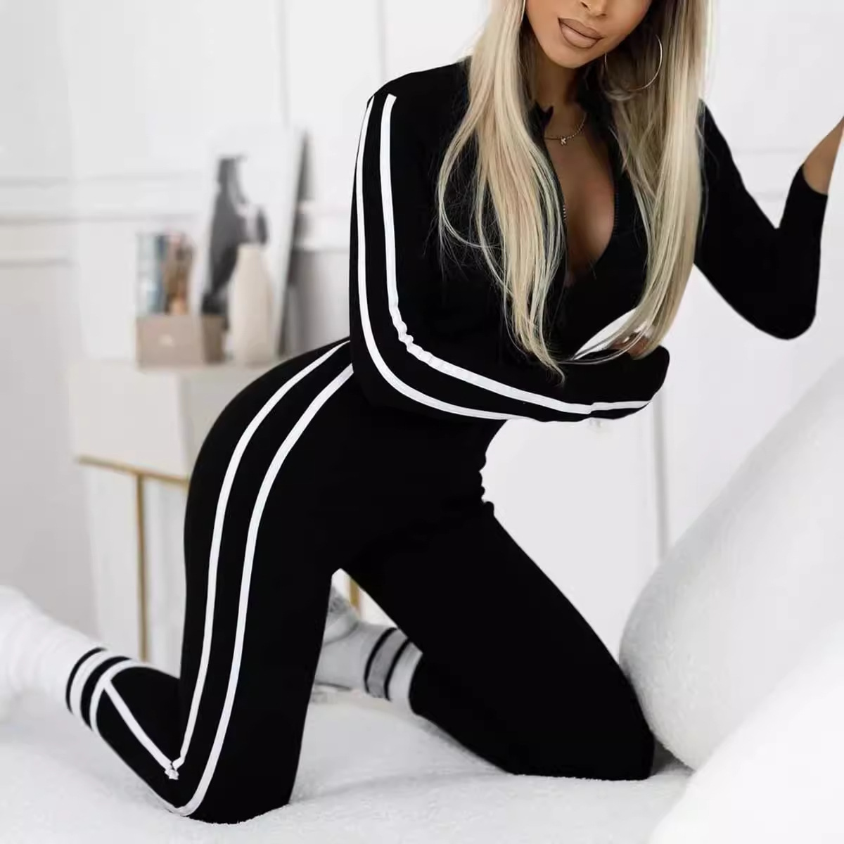 Women's Slim Fit Striped Half-Zip Bodysuit