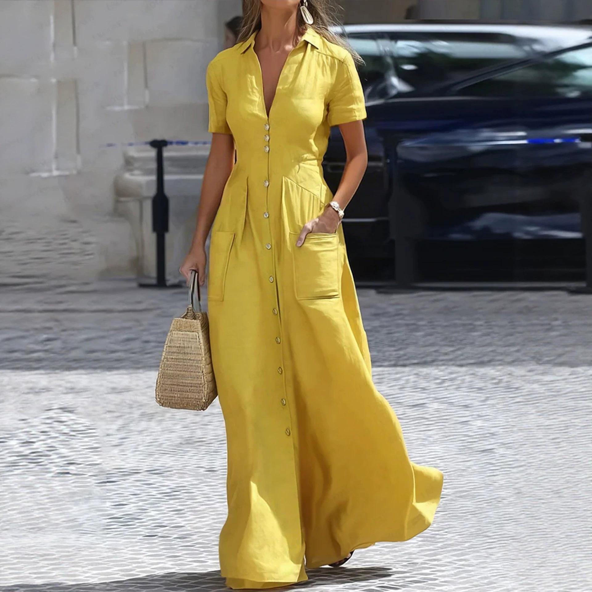 Elegant Collared Button-Front Long Shirt Dress