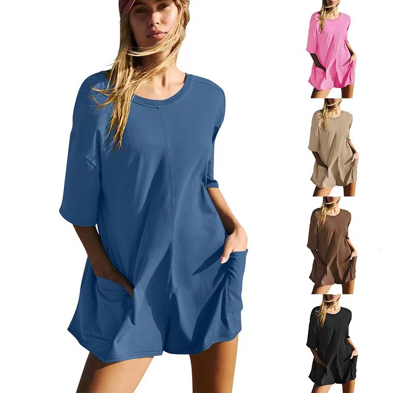 Women's Short Sleeve Open Back V-Neck Loose Casual Pocket Jumpsuit