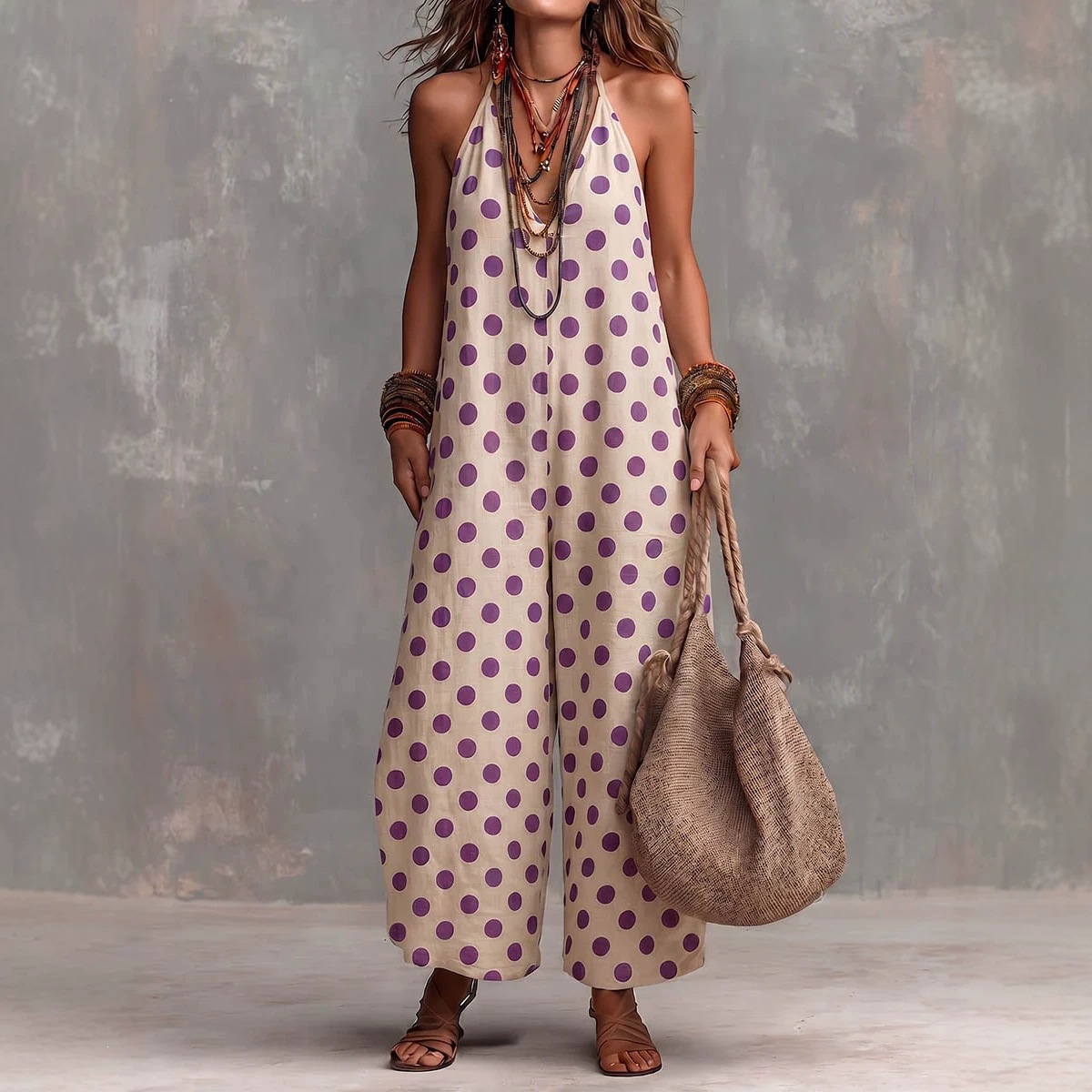Women's Polka Dot Halter Wide-Leg Jumpsuit Sleeveless Summer Vacation Outfit