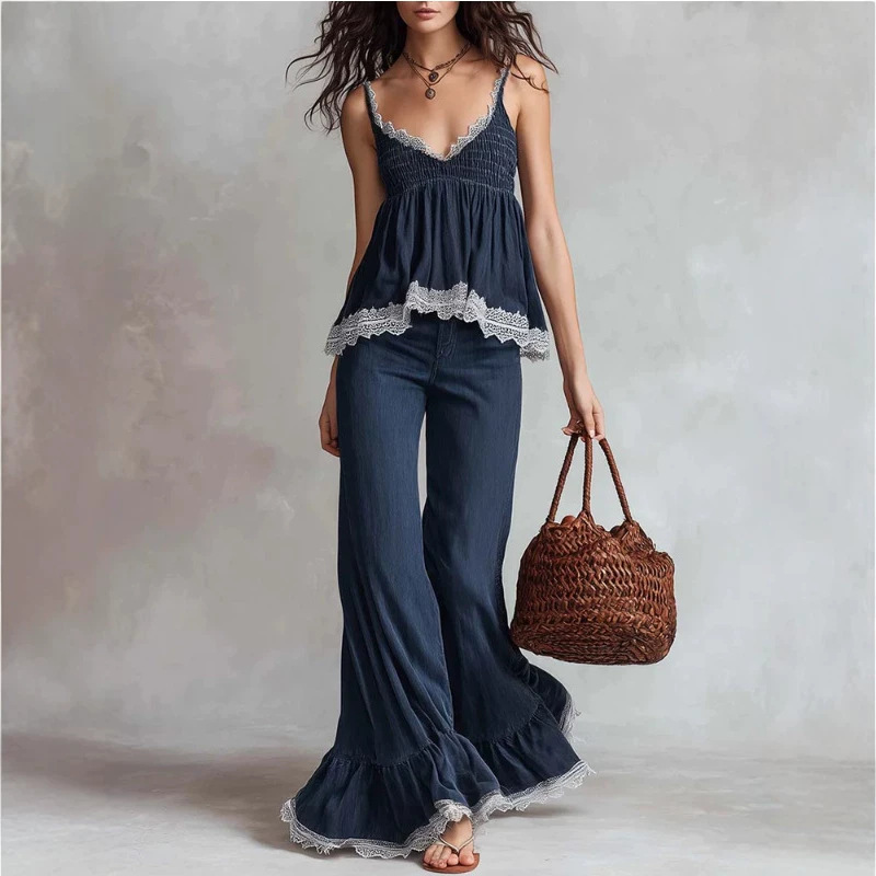 Retro Dark Blue Tencel Lace V-Neck Top and Pants Set