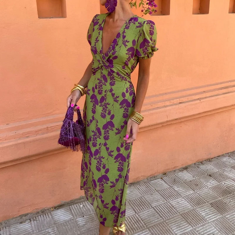 Women's Colorblock Print Short Sleeve Midi Dress