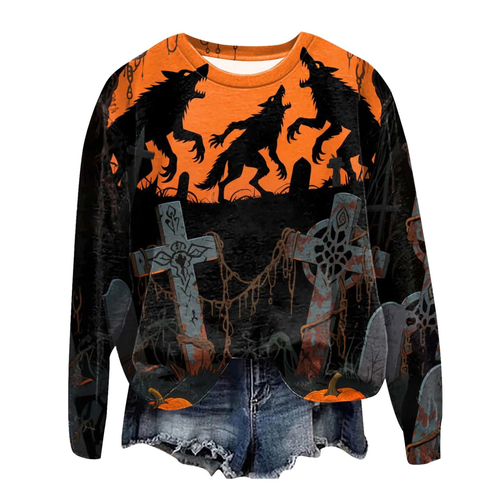 Women's Halloween Cross Castle Ghost Wolf Print Crewneck Sweatshirt